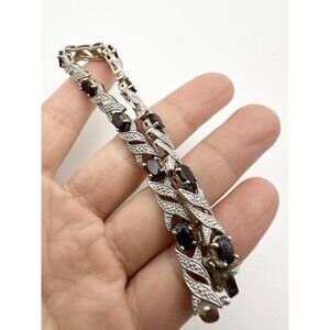 925 Sterling Silver Natural Garnet Diamond Tennis Bracelet 7.25”